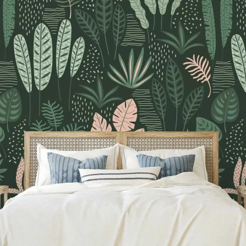 Wall mural tropical leaf pattern in muted greens and pink