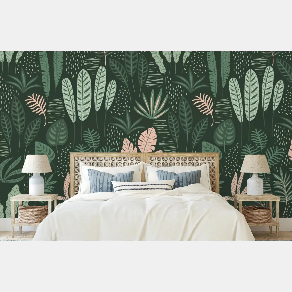 Wall mural tropical leaf pattern in muted greens and pink • Wallissimo®