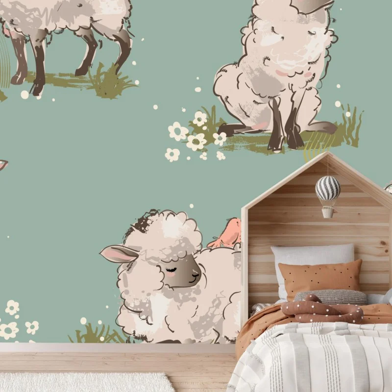 Wall mural cute lambs pattern on turquoise background