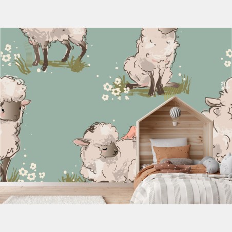 Wall mural cute lambs pattern on turquoise background • Wallissimo®