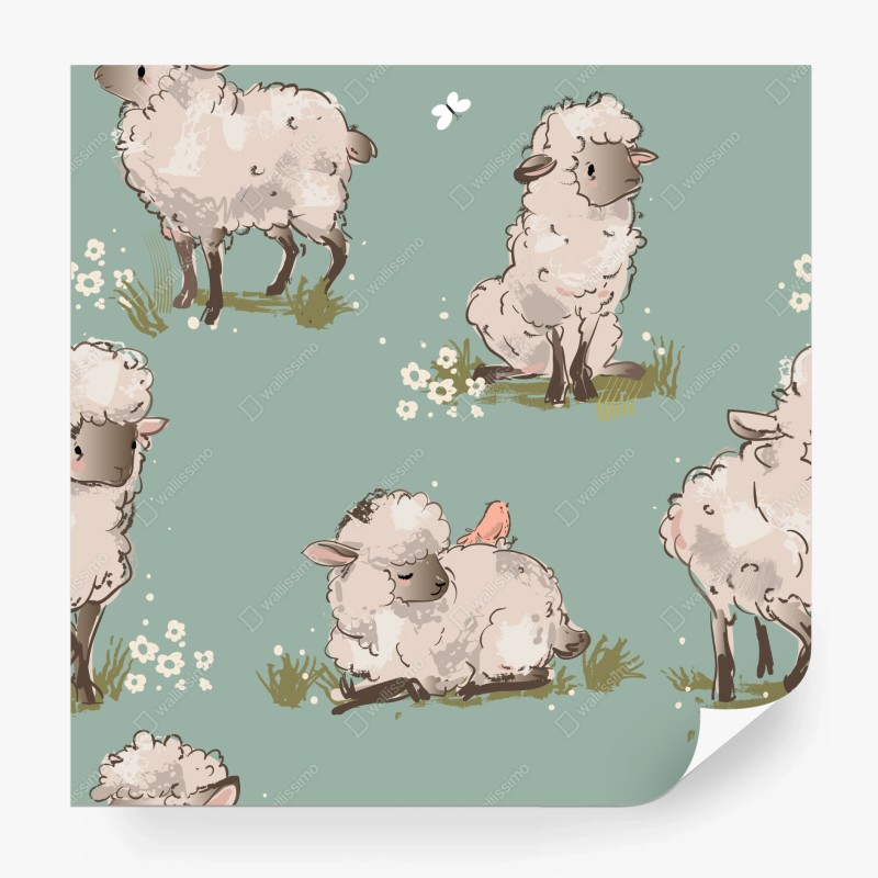 Wall mural cute lambs pattern on turquoise background
