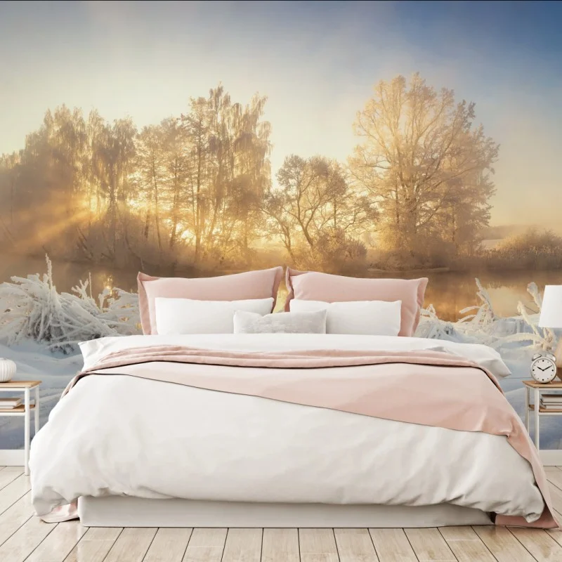 Wall mural golden winter sunrise over frosty river