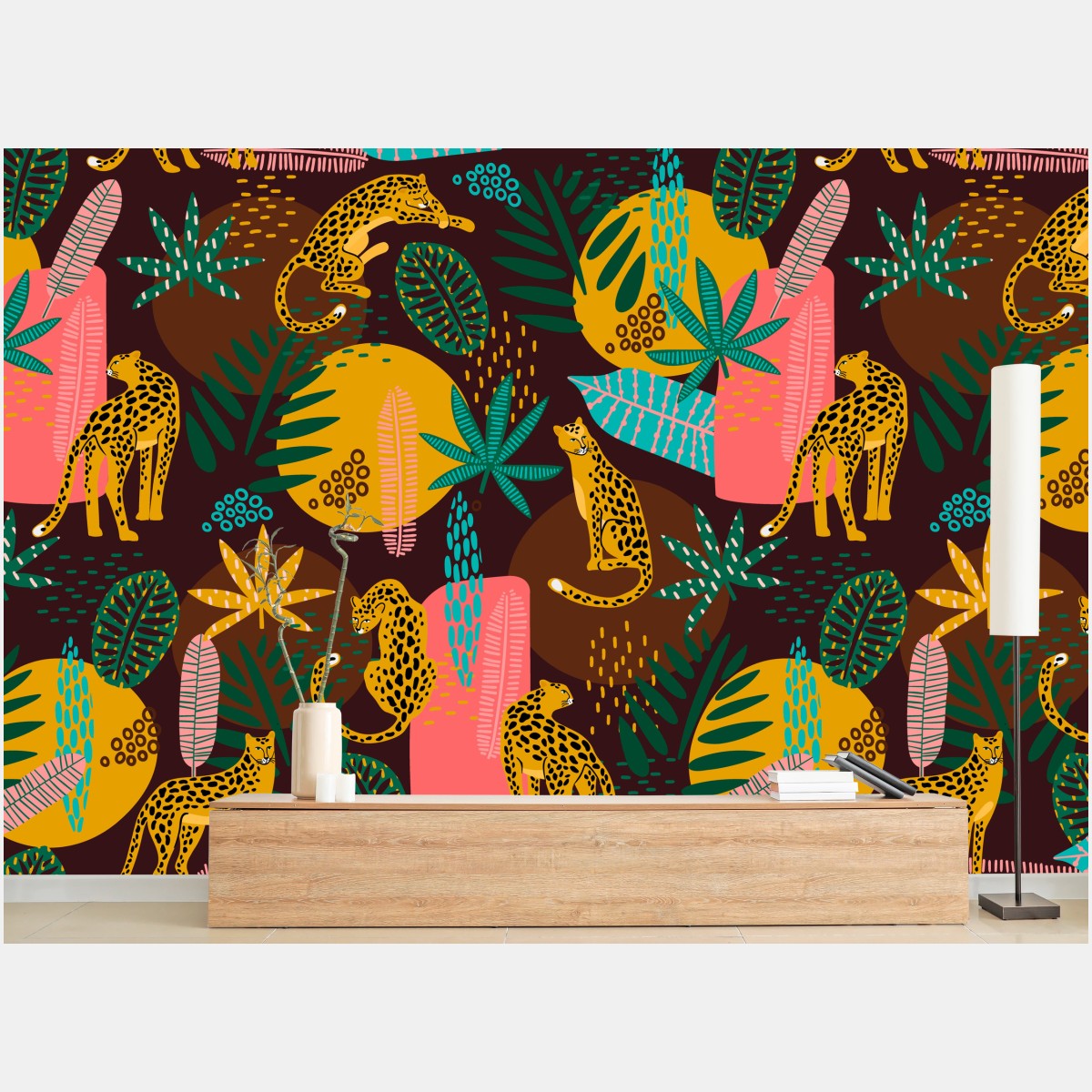 Wall mural tropical cheetah pattern with vibrant leaves • Wallissimo®