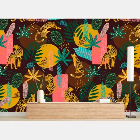 Wall mural tropical cheetah pattern with vibrant leaves • Wallissimo®