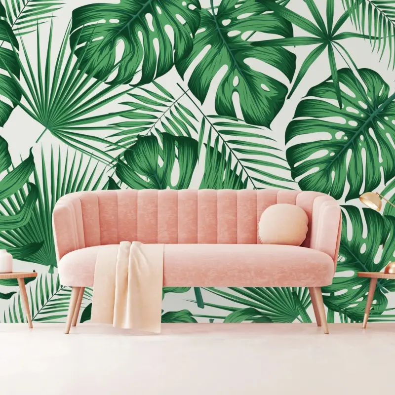 Wall mural tropical monstera and palm leaves pattern