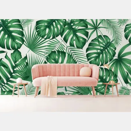 Wall mural tropical monstera and palm leaves pattern • Wallissimo®