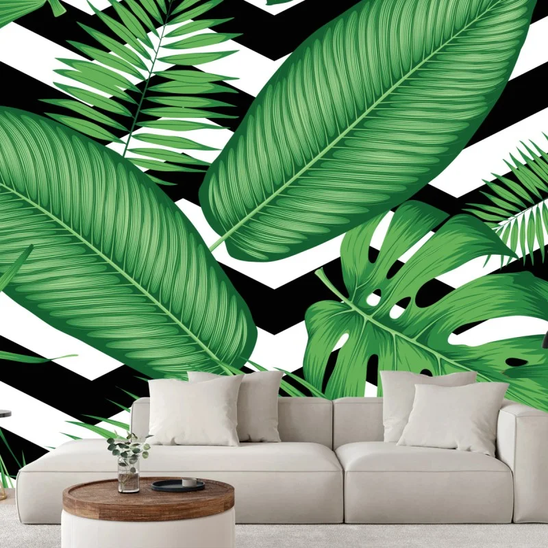 Wall mural tropical leaves pattern on chevron background