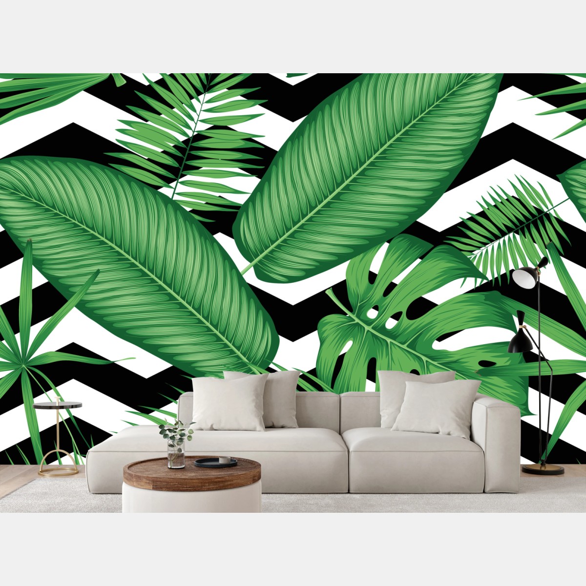 Wall mural tropical leaves pattern on chevron background • Wallissimo®