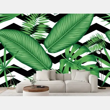 Wall mural tropical leaves pattern on chevron background • Wallissimo®