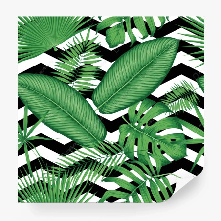 Wall mural tropical leaves pattern on chevron background • Wallissimo®