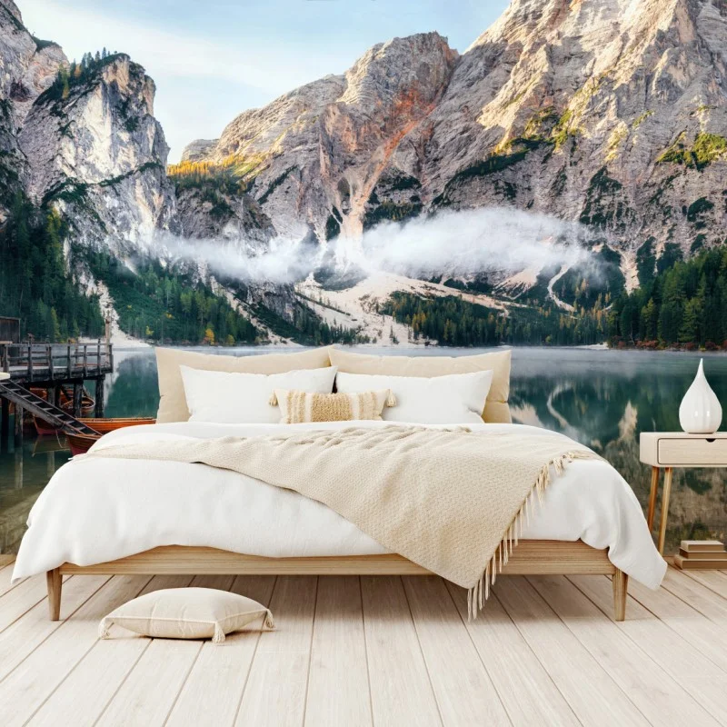 Wall mural misty alpine lake reflection