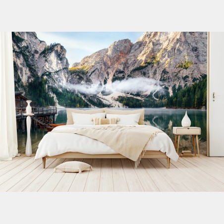 Wall mural misty alpine lake reflection • Wallissimo®