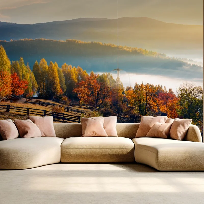 Wall mural misty autumn sunrise in the countryside