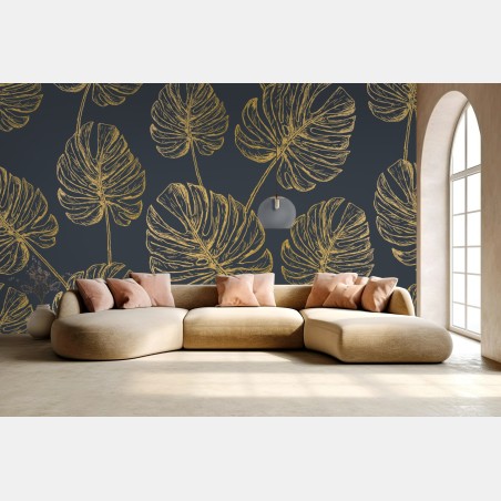 Wall mural gold monstera leaves on dark background • Wallissimo®