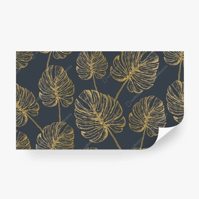 Wall mural gold monstera leaves on dark background