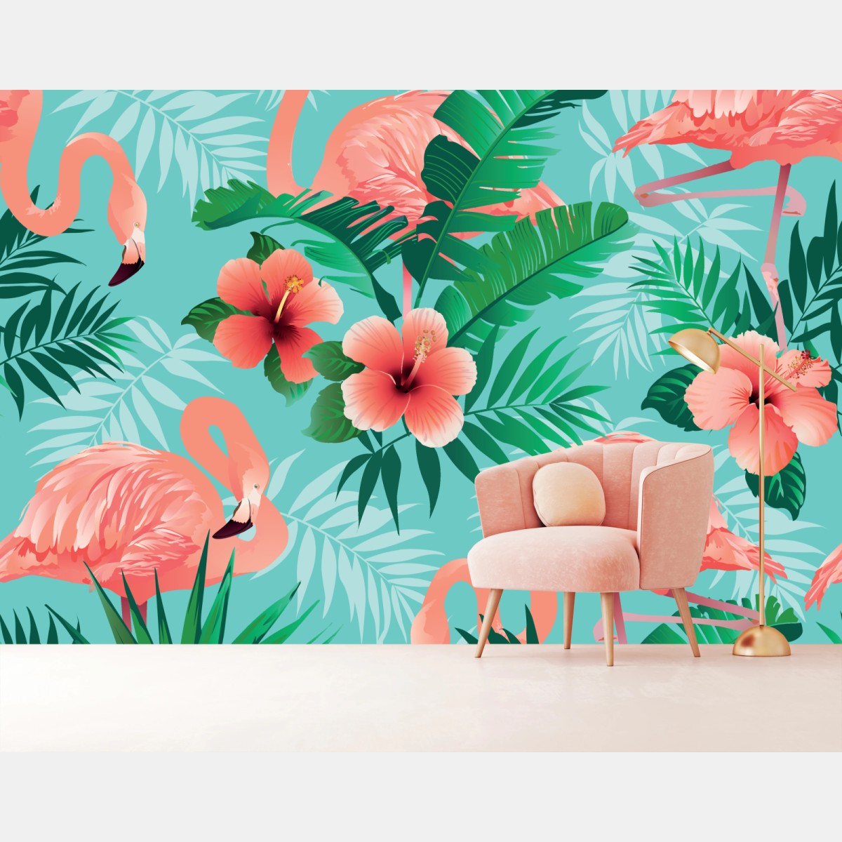 Wall mural tropical flamingo oasis • Wallissimo®