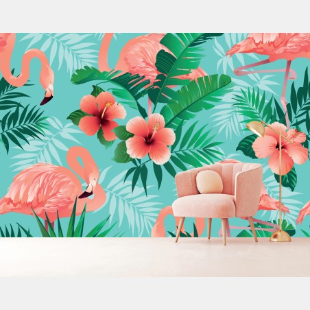Wall mural tropical flamingo oasis • Wallissimo®
