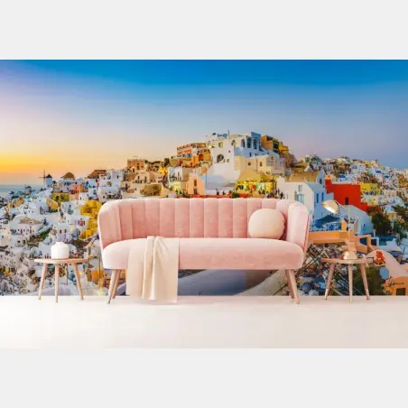 Wall mural sunset over Santorini village panoramic view • Wallissimo®