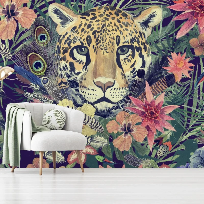 Wall mural vintage watercolor leopard in tropical foliage ⁕ Wallissimo®