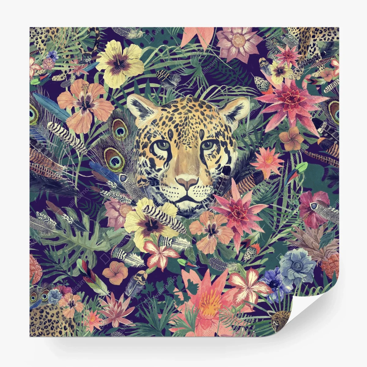 Wall mural vintage watercolor leopard in tropical foliage ⁕ Wallissimo®
