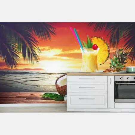 Wall mural tropical pineapple and coconut sunset • Wallissimo®