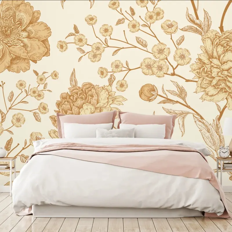 Wall mural vintage beige peony floral pattern