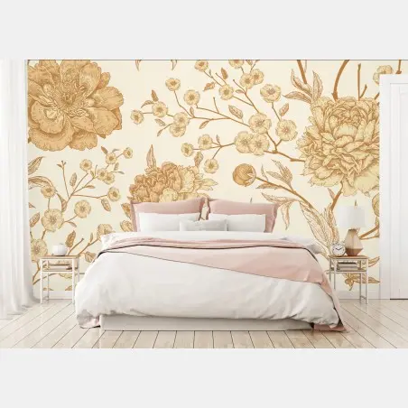 Wall mural vintage beige peony floral pattern • Wallissimo®
