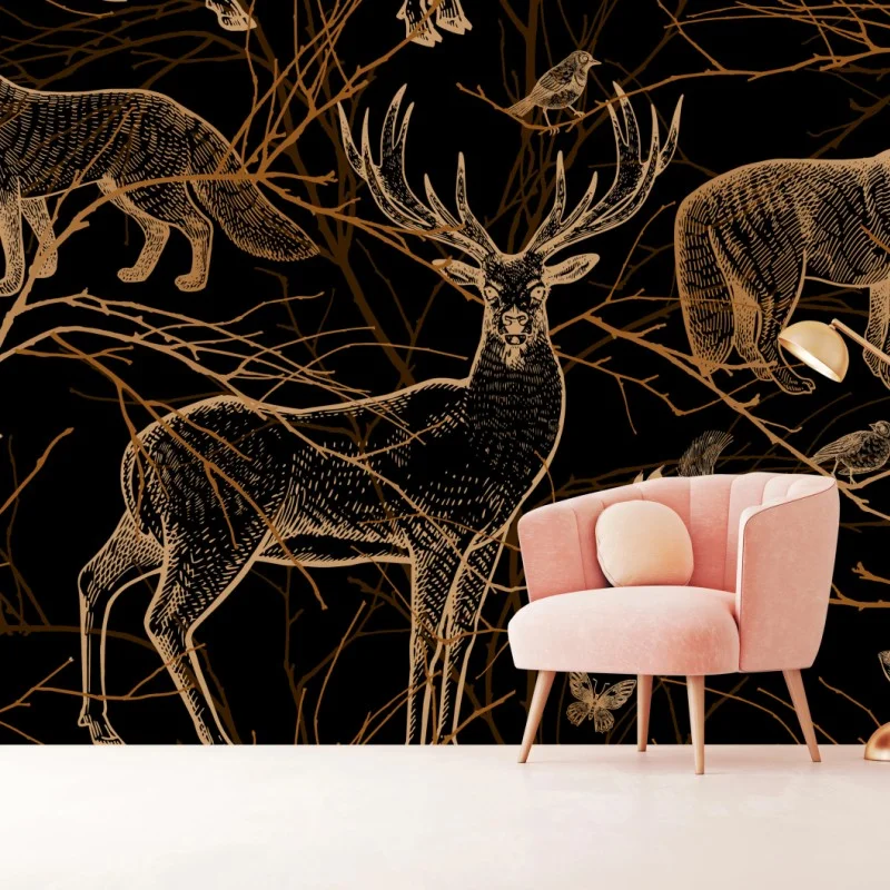 Wall mural golden forest animals on black