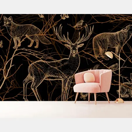 Wall mural golden forest animals on black • Wallissimo®