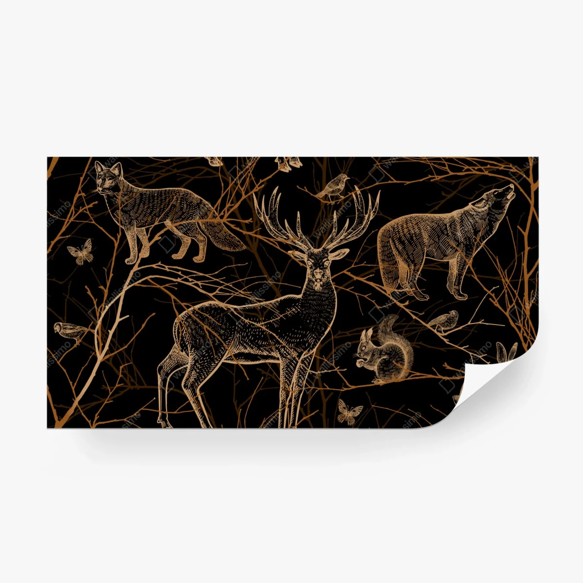 Wall mural golden forest animals on black • Wallissimo® Wall mural golden forest animals on black • Wallissimo®