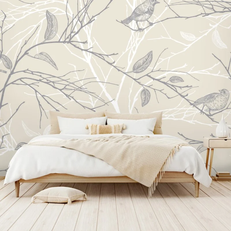Wall mural soft beige bird and branch pattern