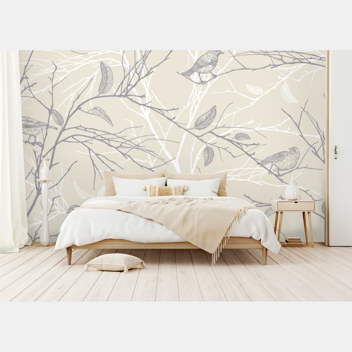 Wall mural soft beige bird and branch pattern • Wallissimo®