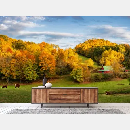 Wall mural autumn countryside landscape with red barn • Wallissimo®