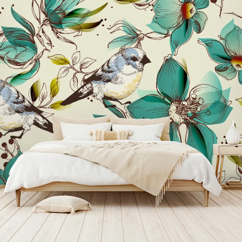 Wall mural retro teal floral and bird pattern