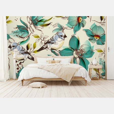 Wall mural retro teal floral and bird pattern • Wallissimo®