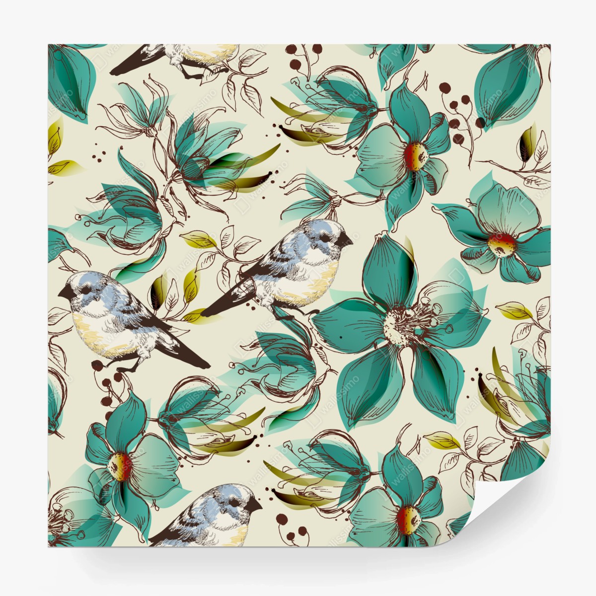 Wall mural retro teal floral and bird pattern • Wallissimo®