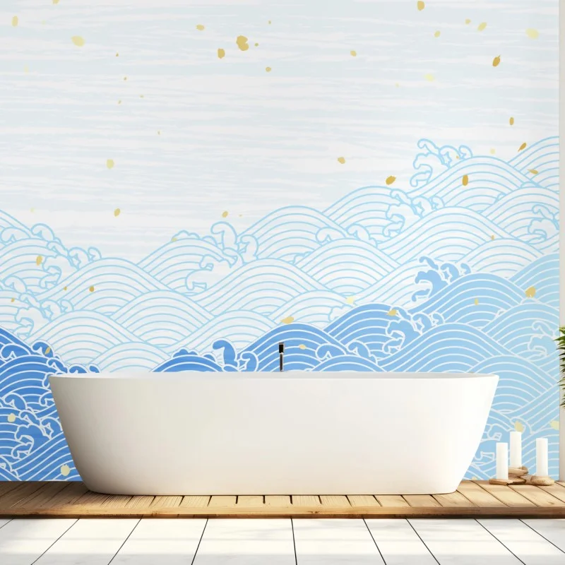 Wall mural calm blue waves with gold accents