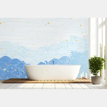 Wall mural calm blue waves with gold accents • Wallissimo®