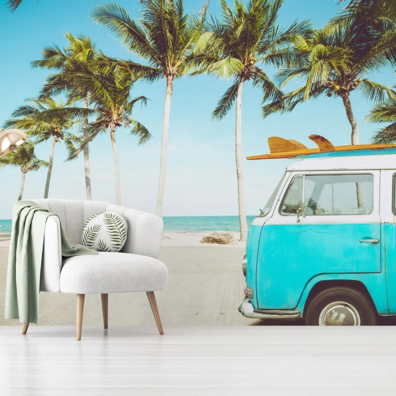 Wall mural vintage surf van at tropical beach