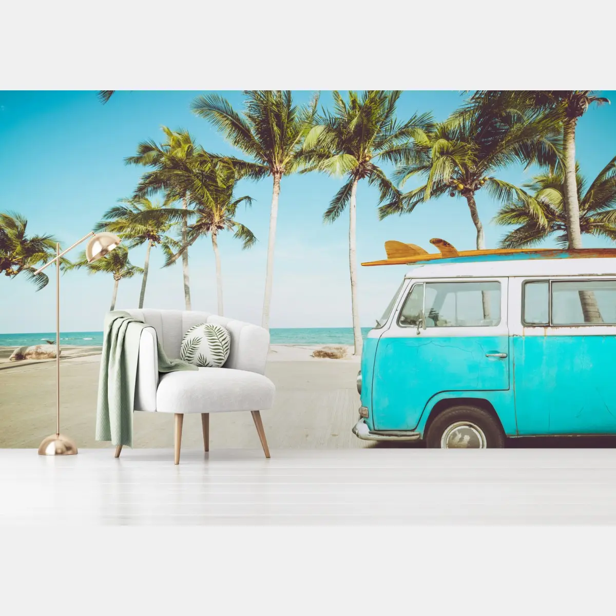 Wall mural vintage surf van at tropical beach • Wallissimo®