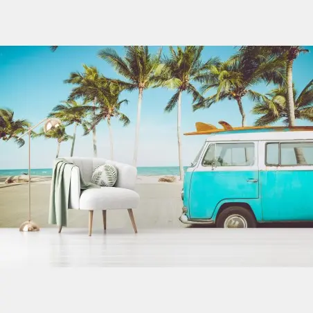 Wall mural vintage surf van at tropical beach • Wallissimo®