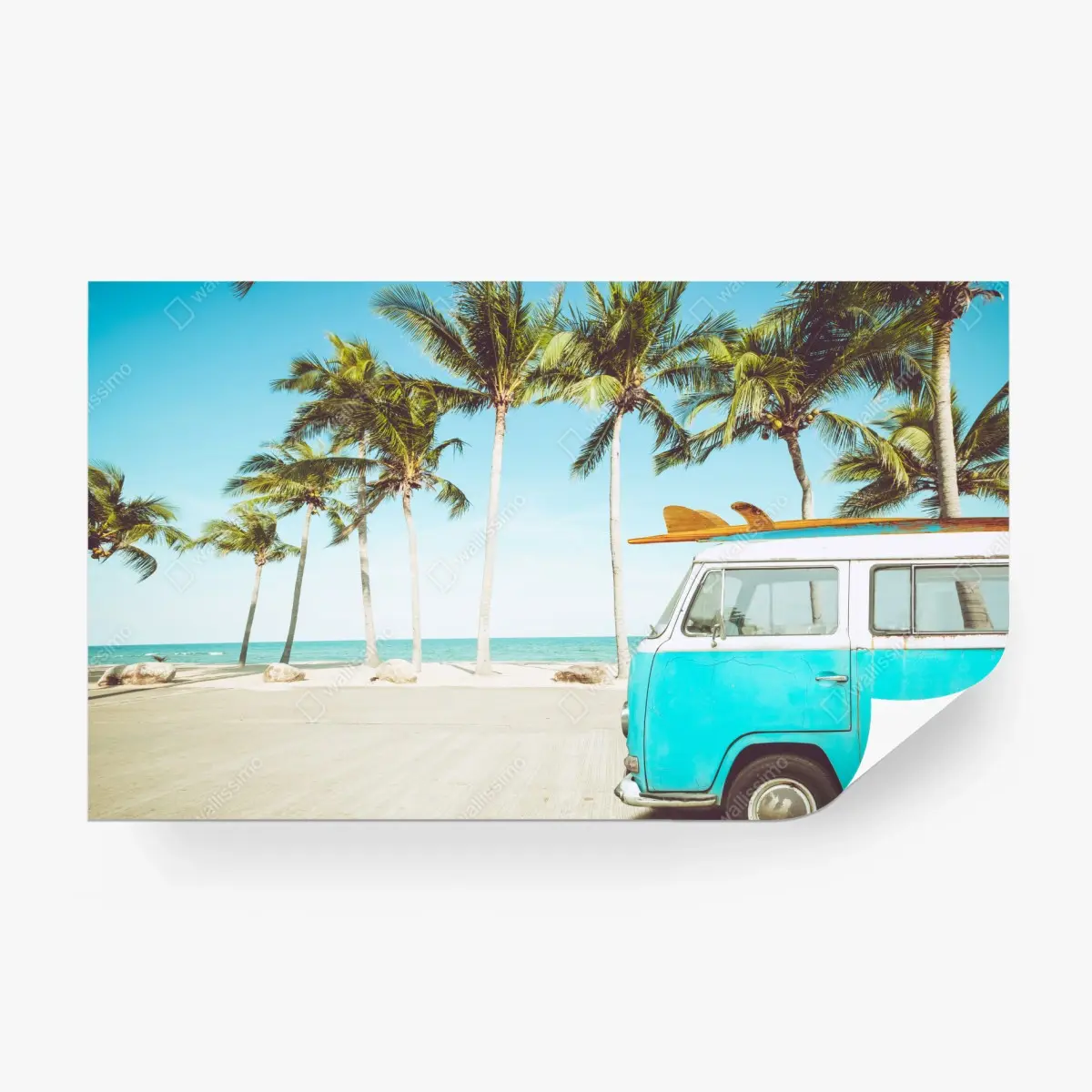 Wall mural vintage surf van at tropical beach • Wallissimo®
