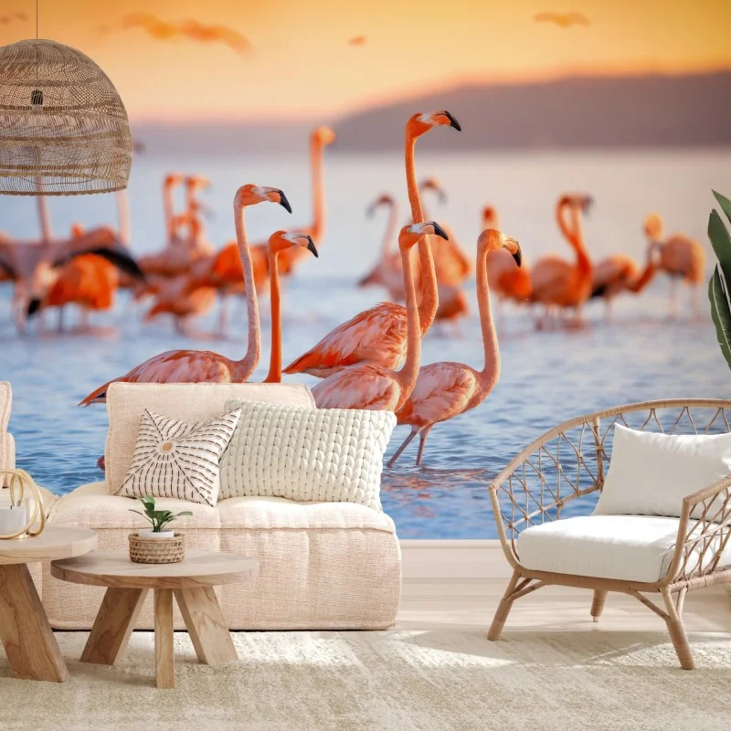 Wall mural pink flamingos at sunset