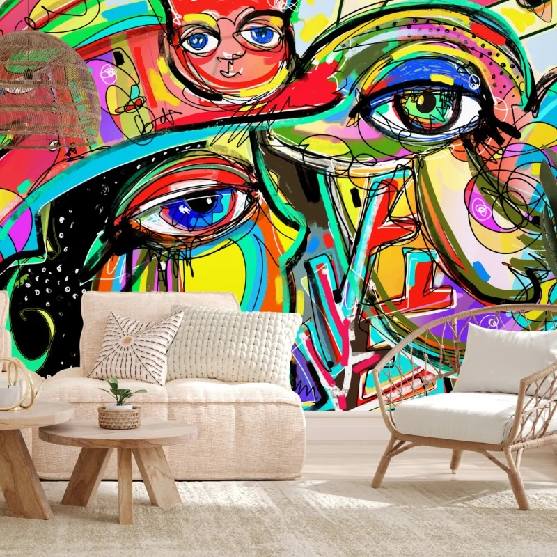 Wall mural vibrant abstract faces with cat and bird
