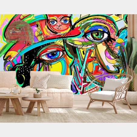 Wall mural vibrant abstract faces with cat and bird • Wallissimo®