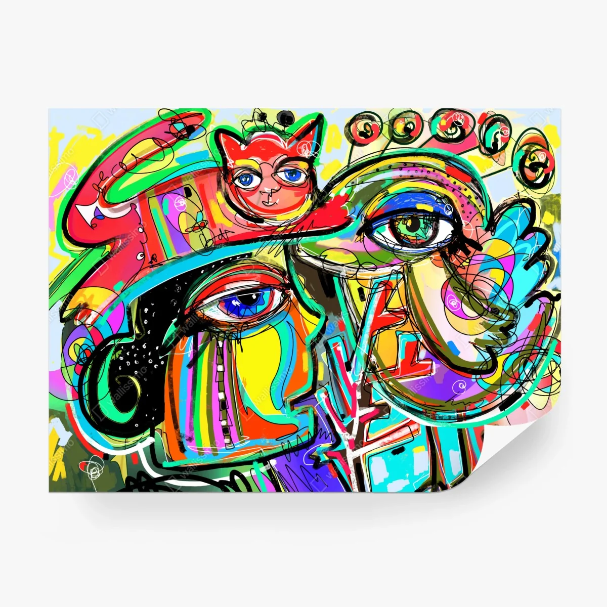 Wall mural vibrant abstract faces with cat and bird • Wallissimo® Wall mural vibrant abstract faces with cat and bird • Wallissimo®