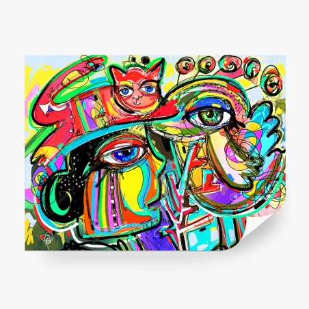Wall mural vibrant abstract faces with cat and bird • Wallissimo®
