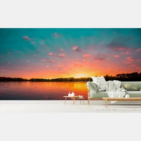 Wall mural turquoise sunset over tranquil lake • Wallissimo®