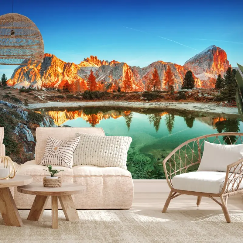 Wall mural alpine sunrise over mountain lake ⁕ Wallissimo®
