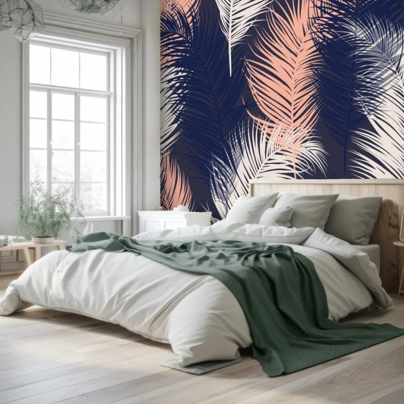Wall mural navy and blush feather pattern